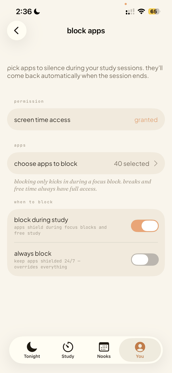Block apps settings with toggles for block during study and always block