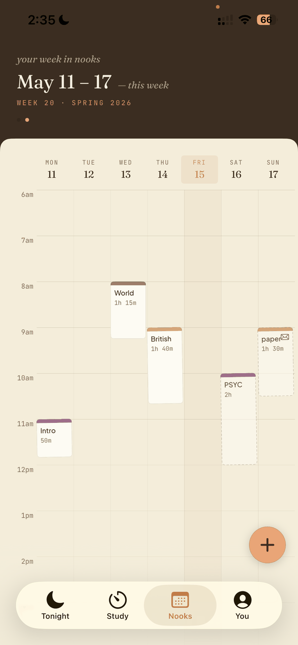 Nooks calendar showing a week of scheduled study sessions with subject colors