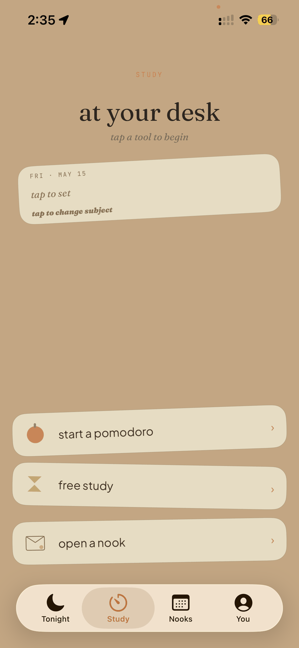 Study tab at your desk with start a pomodoro, free study, and open a nook