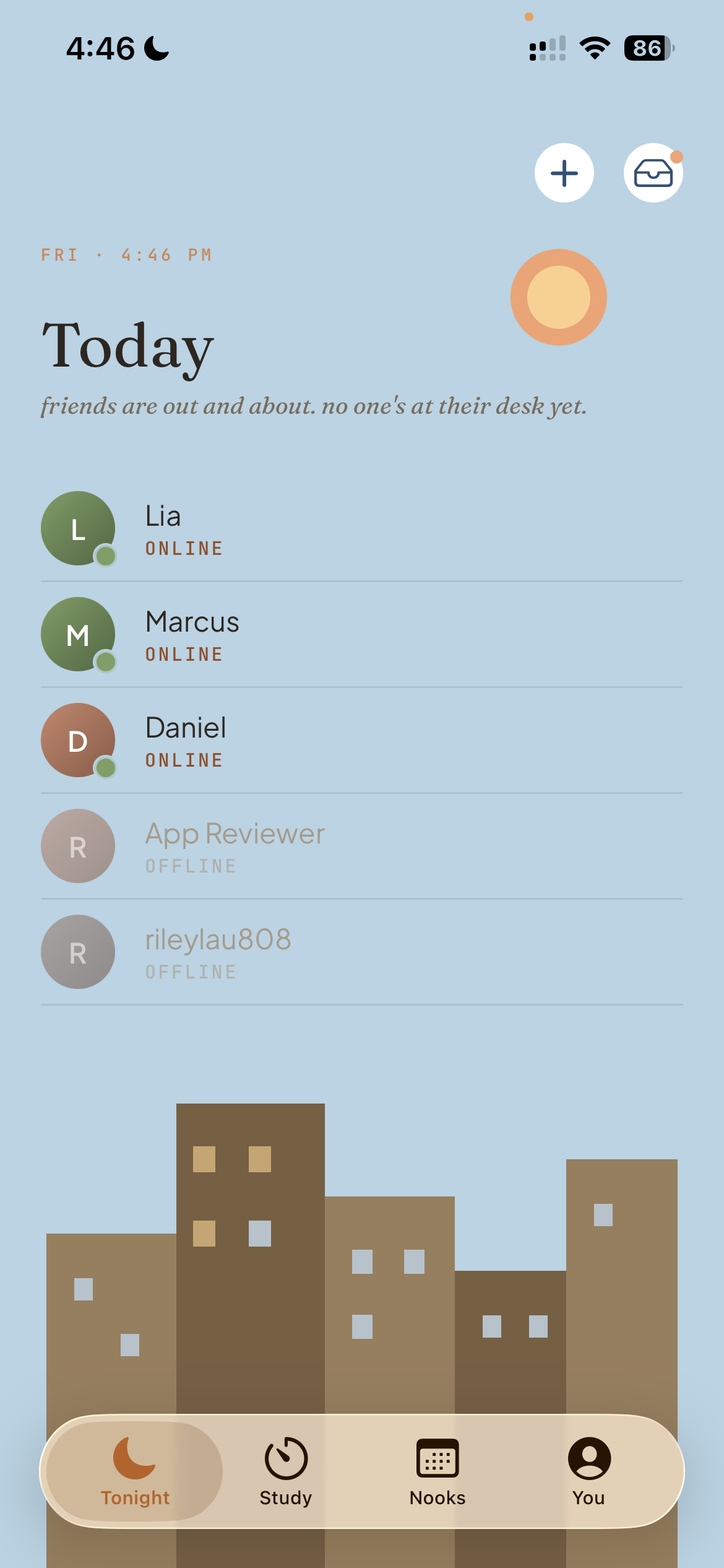 Nooklo Tonight tab showing four friends with online and offline status