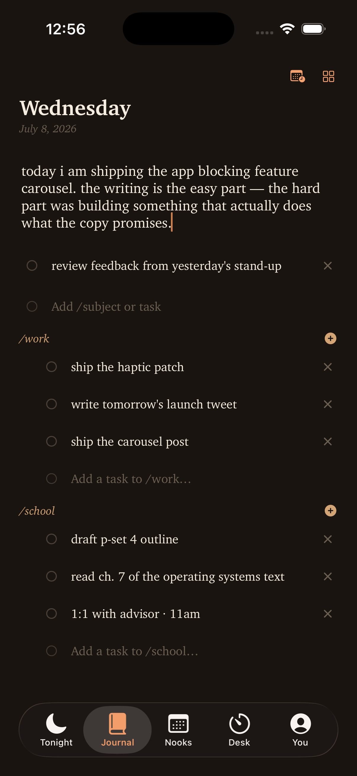 Journal tab showing today's tasks, /work and /school tag pills, due-date stamps