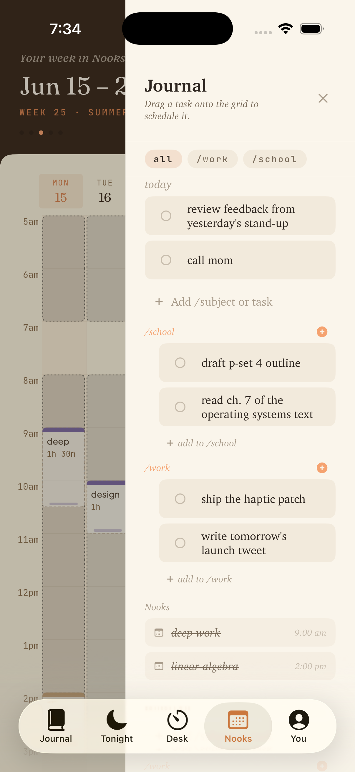 Nooks calendar with the journal drawer open on the right — task list on the right, scheduled focus blocks on the week grid