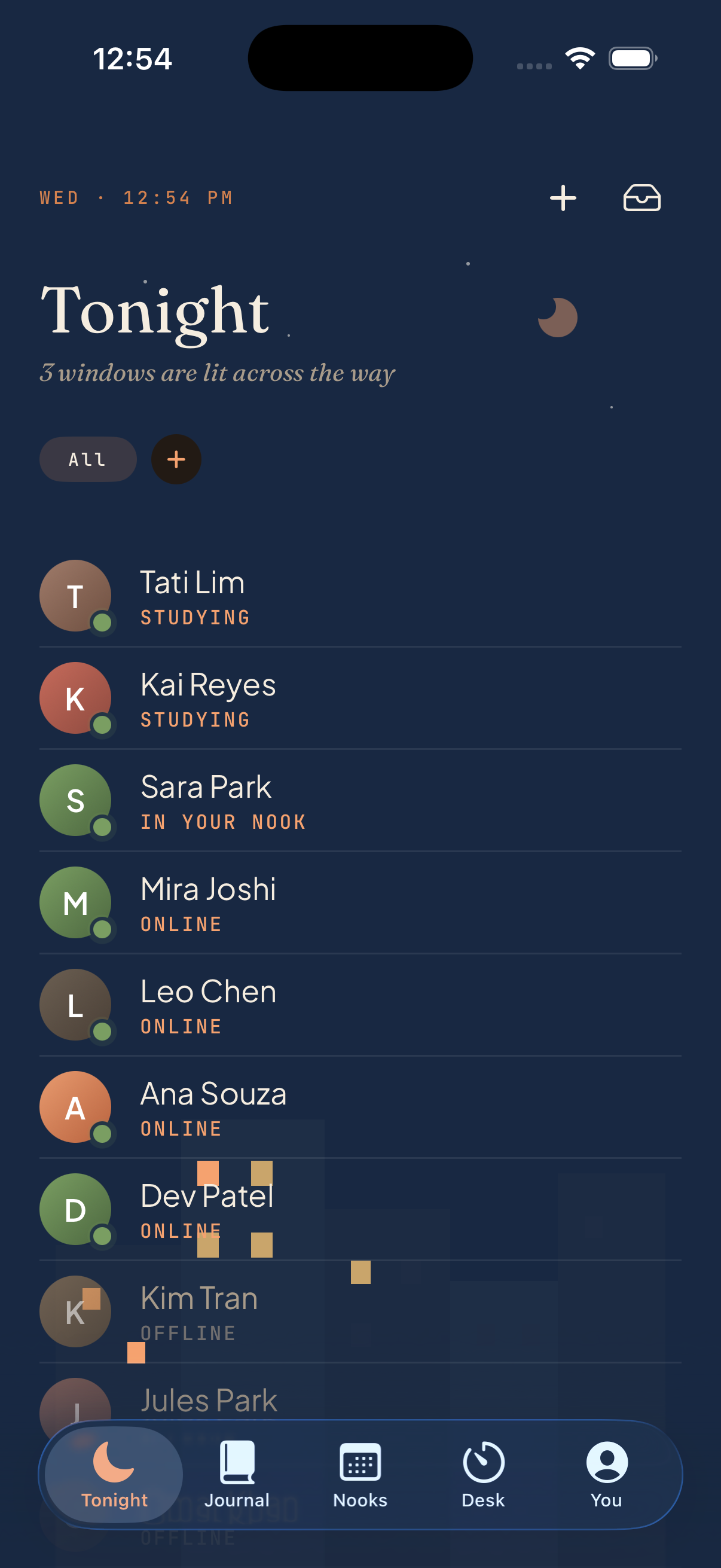 Nooklo Tonight tab — the first screen you land on. Loft roster of friends, some studying, some online, some in your nook.