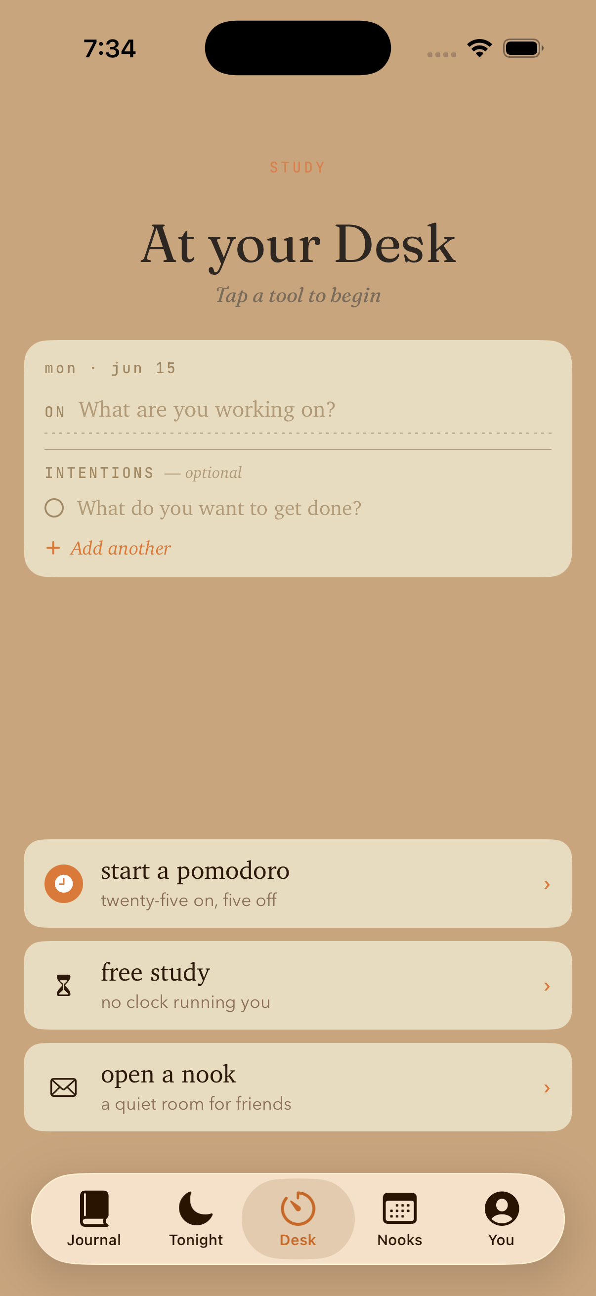 Desk tab with subject dropdown, intention field, and start buttons for pomodoro, free study, open a nook