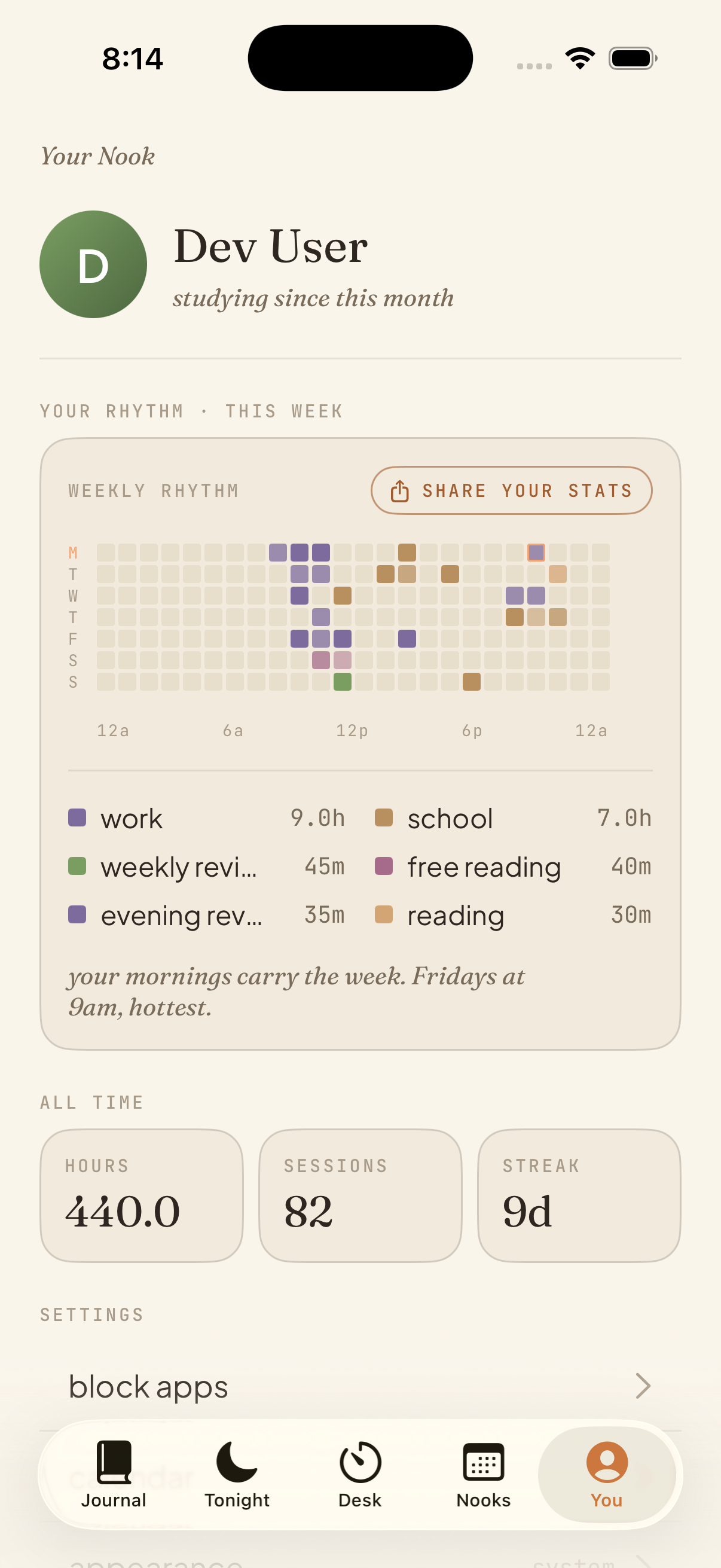 You tab with weekly rhythm heatmap, all-time stats, and settings cards