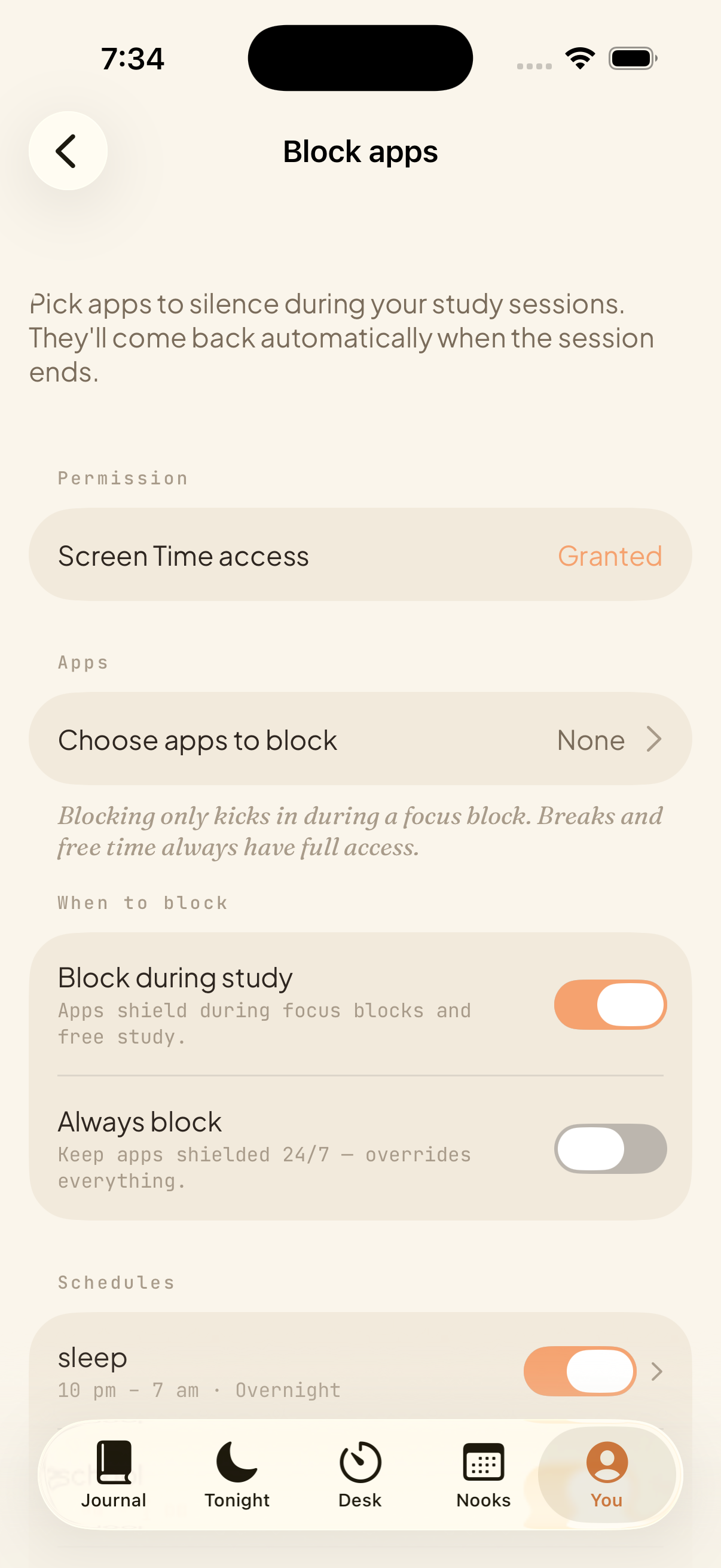 Block apps settings showing block during study and always block toggles