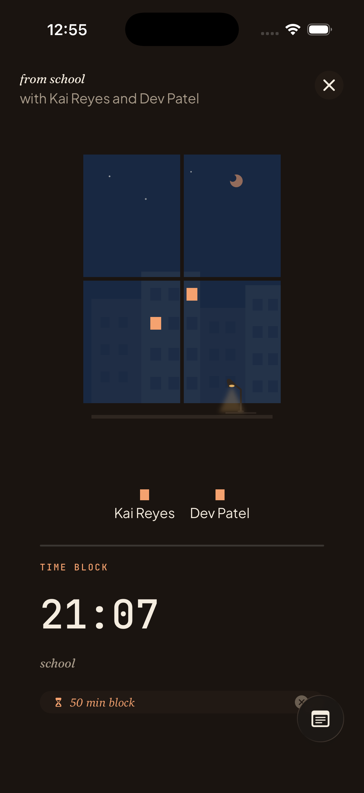 From the loft in-session view — two lit windows for Kai Reyes and Dev Patel, a desk lamp glowing, 21:07 time-block counter, school subject, 50-minute block pill